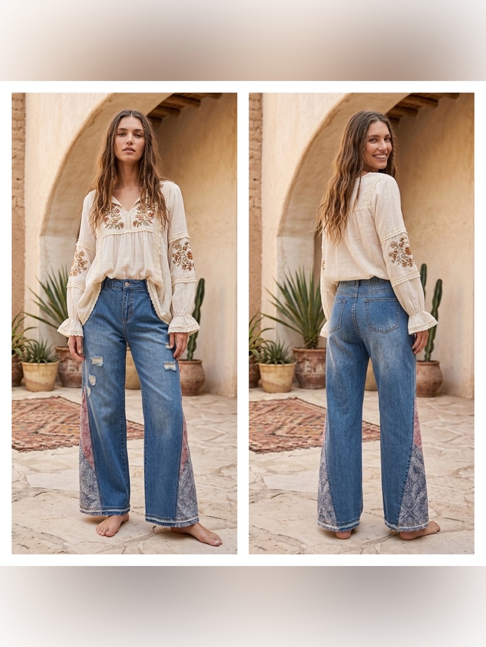 Bell bottom patchwork paisley design jeans
